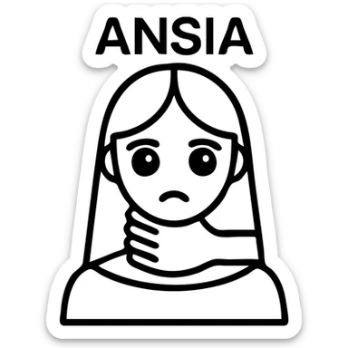Stylized woman in black and white with glossy eyes and a lost gaze, a black hand gripping her neck, text 'ANSIA' above the head, similar style to the reference, variant 4. sticker