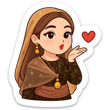 Kurdish cartoon sticker of the same woman in the new dress, blowing a kiss with hand near mouth, heart symbol, no text, transparent background, chibi stickers style. sticker