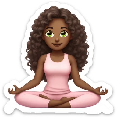 Dark brown long curly hair and green eyes yoga beautiful girl in light pink pink pink clothes sitting on a yoga mat sticker