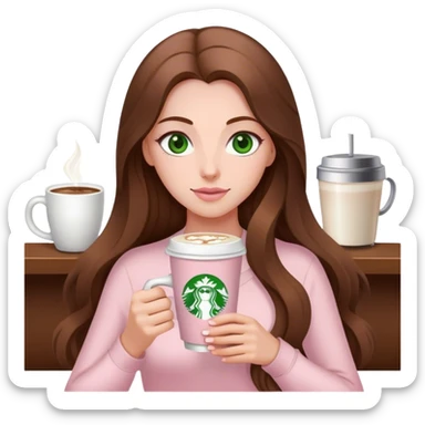 pretty woman with very long brown hair and green eyes and light pink outfit with a latte sticker
