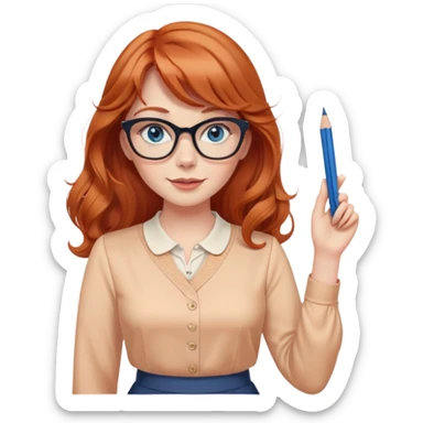 redheaded woman with long wavy hair and bangs, blue eyes, cat-eye glasses, pencil skirt, apricot blouse, holding a pencil, waving sticker