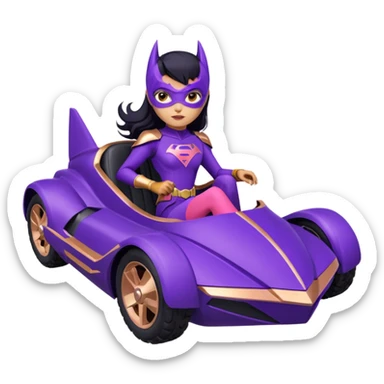 Hot full size real-appearance racing action BatGirl’s Lego feminine midnight-purple tight outfit sixty’s tv show 1992 stealth retro cat burglar sporty petite off-road pursuit hovering hover cruiser car rose gold accents (black hair,reclined and relaxed seating position and attitude) desert sticker