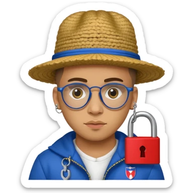 An emoji of Bad Bunny, the superstar from Puerto Rico. The singer. His hair is curly. He has a padlock beard. An an traditional boricua hat.  sticker