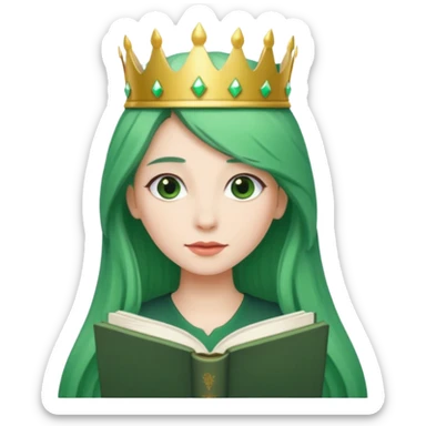 Long Hair Women with green Book, White straight hair, crown

 sticker
