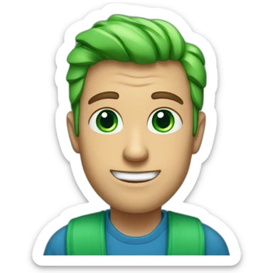 a man, green eyes, blue sweatshirt, green rubies on his head, waves hello sticker