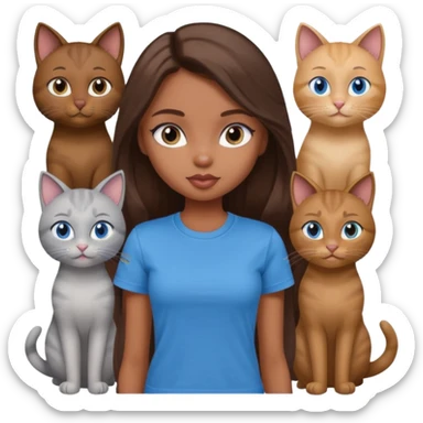 a pretty bratz dusky light skin girl with long brown hair, blue eyes with six cats nd wearing a grey tshirt sticker