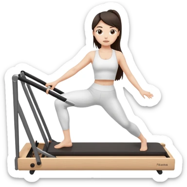 a girl doing reformer pilates, she is wearing a white fit and she has dark straight and loose hair.  sticker
