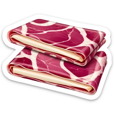 prosciutto thin folded slices, deep pink-red, translucent, creamy white fat marbling, natural curl, silky surface, no plate, garnish, or packaging, soft lighting, emoji scale sticker