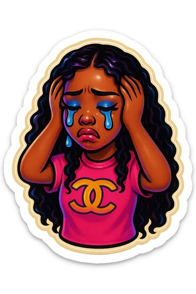 Crying Tears rolling down face 
Mouth Pout
hands on head 
pink chanel shirt 
head down
 sticker