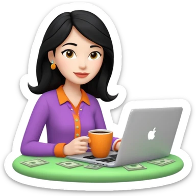 3D clay woman character relaxed with laptop and coffee in Paris, floating icons (dollars), colofrful modern outfit, white laptop, Pixar style, transparent background, black hair, fair skin,  sticker