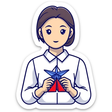 Ukrainian young girl in a white embroidered shirt holds an origami crane sticker