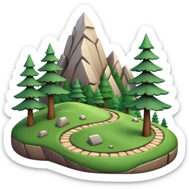 A 3D cartoon mountain trail winding up green slopes with stones and pine trees, distant peaks in background, warm daylight, Memoji-style.A 3D cartoon coiled climbing rope with a carabiner, golden color, resting on a rocky surface, realistic soft shadows, Memoji-style rendering. sticker