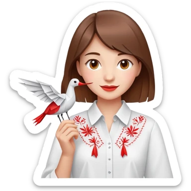 Happy Ukrainian young girl with brown hair in a white embroidered shirt holds an origami red crane sticker