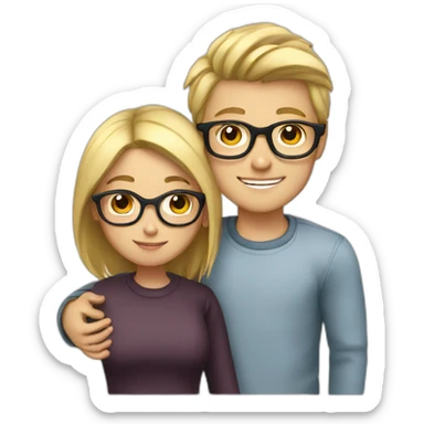 Boy with blonde hair and glasses hugging girl with black hair and glasses sticker