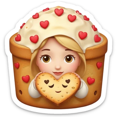 Apple-style emoji illustration of a cute face with dreamy eyes hugging a traditional panettone, small hearts floating around, soft 3D emoji style, smooth gradients, rounded shapes, warm festive colors, simple expression, centered composition, transparent background, no text. sticker