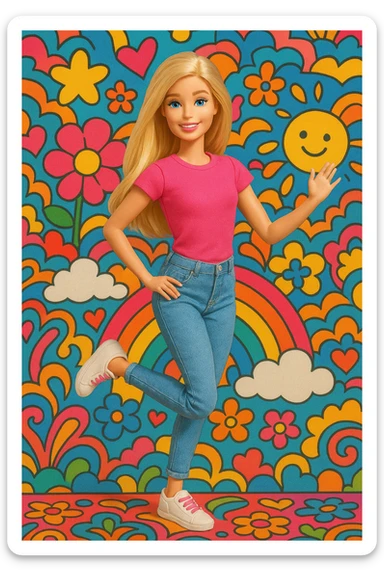 blonde Barbie, casual clothes, playful pose, bright and colorful background sticker