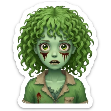 Green zombie emoji girl with curly hair, with curly bangs sticker