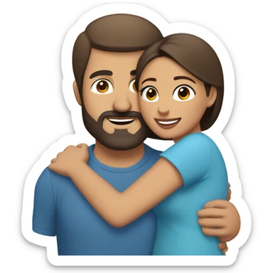 Brunette Puerto Rican with dark brown eyes wearing a cute blue blouse giving comforting hug to short, bald man with brown eyes, laugh lines, and a beard sticker