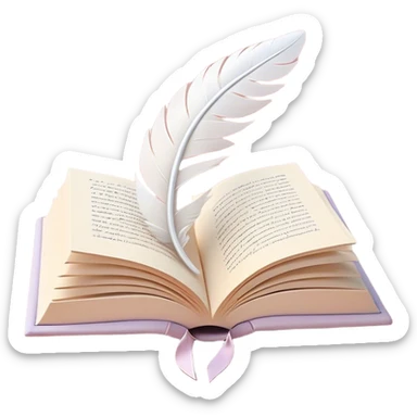 Create a delicate and poetic emoji representing poetry. The design should feature several elegantly flying pages with short poetic columns written on them. The pages should appear light and flowing, almost as if being carried by the wind. Include one white feather, gently resting on the pages, symbolizing creativity and inspiration. Use soft, pastel tones to give it a dreamy, artistic feel. The design should feel ethereal and whimsical, capturing the essence of poetry. Make the background transparent. sticker