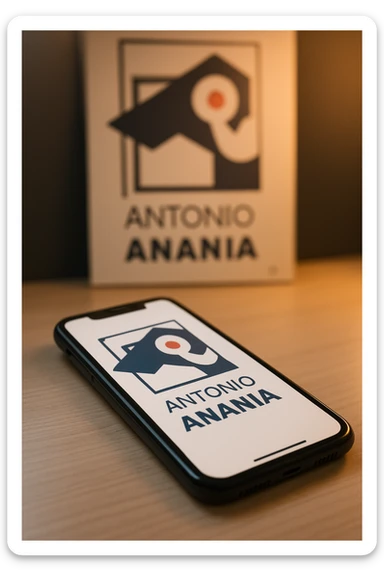 A photo of an iPhone on the desk with the logo of "Antonio Anania" on its screen, The phone sits atop a desk with a blurred with the logo in the background that suggests work environment. A faint glow from above casts gentle shadows across the surface of each object, creating depth and highlighting their textures sticker