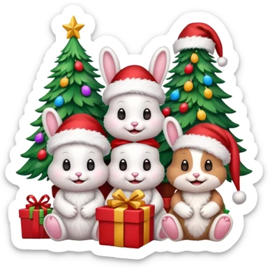 Smiling Bunnys with Santa hats sitting by as friends around brightly lit colorful Christmas trees and candy canes 🎁  sticker
