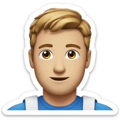 A head and shoulders shot of a 32 year old white man, with short brown hair,   with blue eyes wearing a t-shirt. sticker