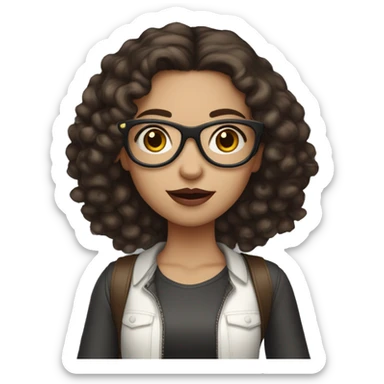 Medium colored skin girl, dark brown hair, curly hair, glasses, dark brown eyes, pale skin, red lips, long hair, holding starbusk sticker