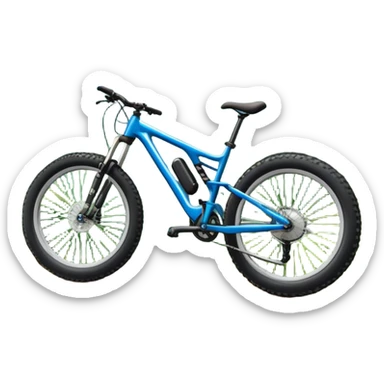 An icon featuring a mountain bike with wide tires, positioned on a forest trail or rocky mountain road. The background shows dense trees, steep slopes, and distant peaks under a clear blue sky. Transparent background highlights the thrill and rugged beauty of mountain biking. sticker