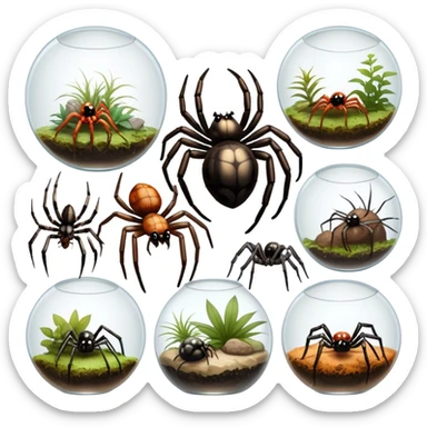 Close-up collage of different pet spiders like tarantulas, jumping spiders, and orb-weavers inside their terrariums. The spiders are in various poses: resting, climbing, spinning webs. Soft natural lighting highlights their textures and details. Transparent background sticker