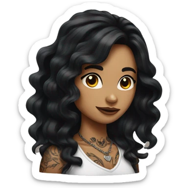 Girl with long black wavy hair and neck tattoos  sticker