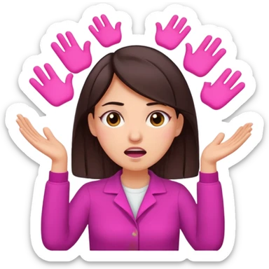 Social media manager. She has dark brown hair, brown eyes, exhaling deeply, hands slightly raised showing frustration. Use vibrant colors with a focus on pink and fuchsia tone sticker