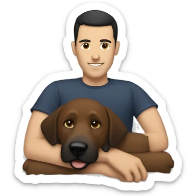 A white man with a shaved black hair cut. Laying in bed with a big brown dog sticker