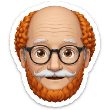 An elderly man with curly orange hair, brown eyes, black glasses, and a white beard, wearing a gentle smile. sticker