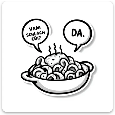 sticker of pasta covered with a huge amount of cheese, looks very appetizing, with dialogue text: 'вам сколько сыра?' - 'да.' in Russian sticker