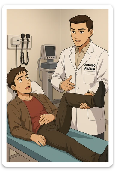 fai un webtoon manga a colori con questo stile, in cui un uomo è steso sul lettino medico e il kinesiologo con il camice bianco (fagli anche la scritta "ANTONIO ANANIA" SUL CAMICE, gli solleva una gamba per fargli il test neuromuscolare, IL KINESIOLOGO SPIEGA ALL'UOMO UNA cosa mentre gli alza la gamba. non fare i fumetti però, fai solo in modo che sembri stiano parlando sticker