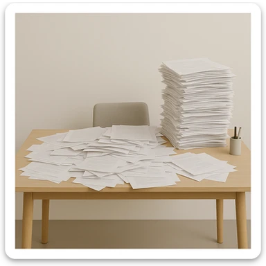 minimalist desk cluttered with papers spilling over, symbolizing overwhelming admin workload, all elements contained within the frame, no edges cut off sticker