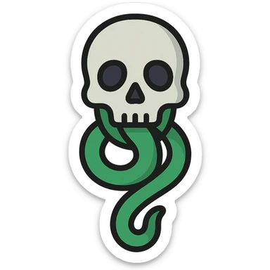 digital sticker of the Dark Mark: a skull with a snake coming out of its mouth, semi-realistic vector art style, clean outlines, flat green, black, and gray colors, slight shadows, arranged for a sticker sheet sticker