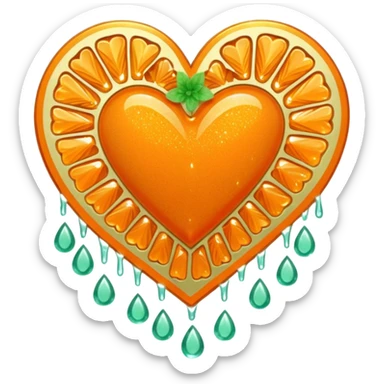 orange glittery heart, chopped  in pieces  with mint green water dripping down and a couple art deco fans  sticker
