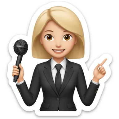 a office woman presenting her idea with microphone smiling
 sticker