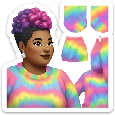 Plus size black woman with pink curly pixie cut hair and a rainbow tie dye sweater , and diamond stud earrings  sticker