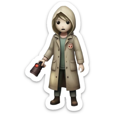 An icon depicting a dark, foggy street with eerie, abandoned buildings, inspired by Silent Hill 2. The design features a mysterious figure holding a flashlight, casting long shadows. A chilling atmosphere is created by dim lighting and unsettling details. Transparent background. sticker