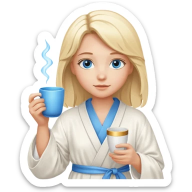 angelic blonde girl with middle length hair and blue eyes holds a cup in a robe sticker