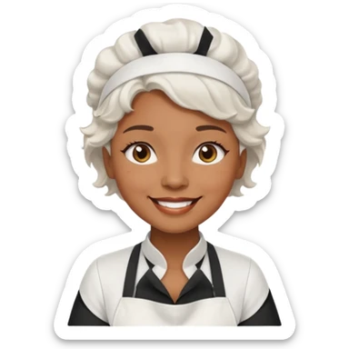 woman, brown skin, white short wavy hair, with apron sticker