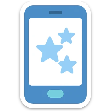 Smartphone icon with three stars, flat emoji style, outline with blue and turquoise colors, screen filled solid white sticker