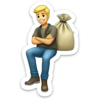 man sitting on globe with money bag sticker