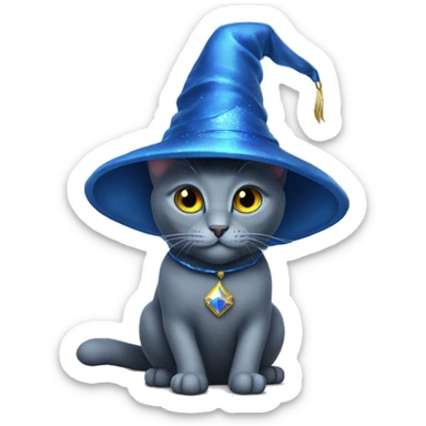 Russian blue cat with a blue wizard hat sticker