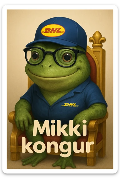 Generate a realistic and friendly DHL Express frog mascot like the reference image of a green frog with glasses and a DHL hat, sitting on a throne. Include the text 'Mikki kongur' in a rounded font. Maintain a realistic and friendly style. sticker