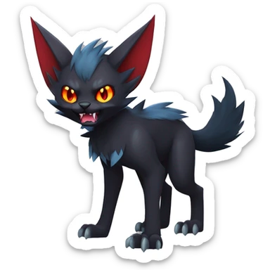   cool edgy fantasy anime-style dark animal vampiric Litten-Zoroark-Nargacuga-cat-hybrid Fakemon with big fangs and bat-ears full body sticker
