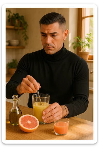 A realistic, warm-toned photo-style image of a man in his kitchen preparing a liver and gallbladder flush. On the counter, there is a small glass bottle of high-quality extra virgin olive oil with a rich green hue, and a freshly cut pink grapefruit with a small glass of its juice next to it. The man, in his mid-30s, looks focused and slightly apprehensive as he mixes the olive oil and grapefruit juice in a clear glass, preparing to drink it as part of a natural gallbladder cleanse. The background is clean, bright, and minimalist with wooden countertops, green plants, and sunlight coming through the window, giving a sense of natural health practices. The mood conveys a realistic moment of alternative health care, illustrating the preparation and intention for a natural flush to address gallstones, while maintaining a calm, educational, and hopeful tone in italiano sticker