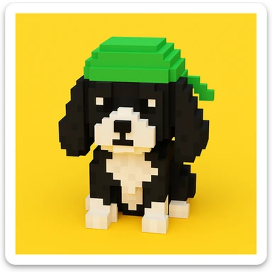 A black and white Russian Cocker Spaniel puppy wearing a green durag, voxel style, sitting, facing forward sticker